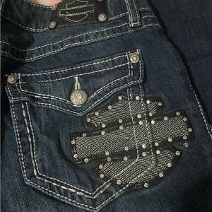 Harley Davison blue jeans size 8 tall with rhinestones only wore once!!!